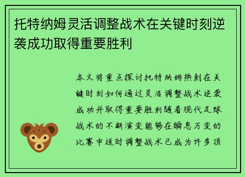 托特纳姆灵活调整战术在关键时刻逆袭成功取得重要胜利