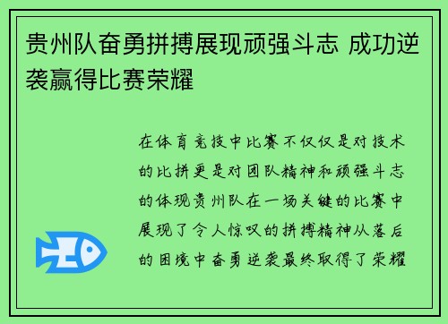 贵州队奋勇拼搏展现顽强斗志 成功逆袭赢得比赛荣耀