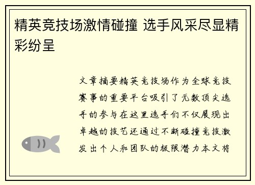 精英竞技场激情碰撞 选手风采尽显精彩纷呈
