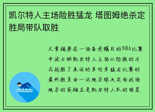 凯尔特人主场险胜猛龙 塔图姆绝杀定胜局带队取胜