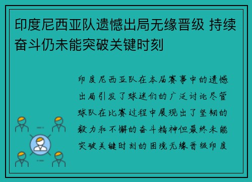 印度尼西亚队遗憾出局无缘晋级 持续奋斗仍未能突破关键时刻