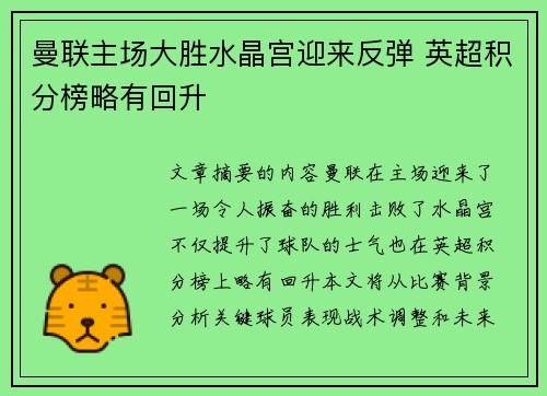 曼联主场大胜水晶宫迎来反弹 英超积分榜略有回升