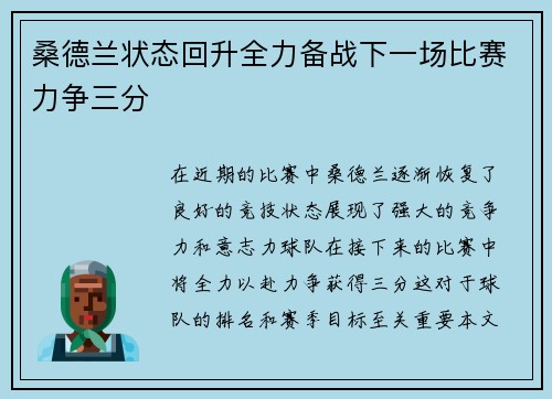 桑德兰状态回升全力备战下一场比赛力争三分