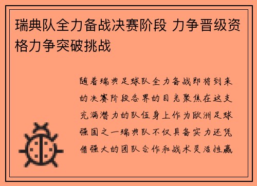 瑞典队全力备战决赛阶段 力争晋级资格力争突破挑战